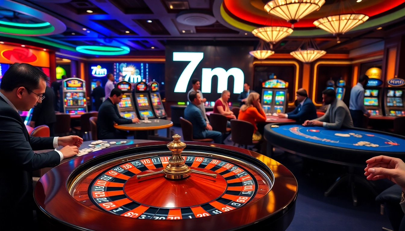 Players engaging in thrilling table games at a casino, with '7m' prominently displayed on digital screens.