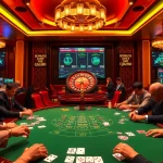 Engaged players at a qh88 poker table in a luxurious casino setting.