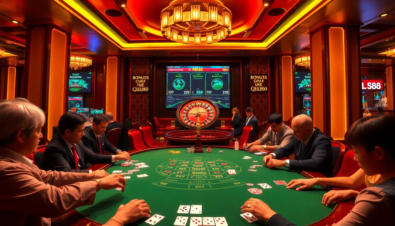 Engaged players at a qh88 poker table in a luxurious casino setting.