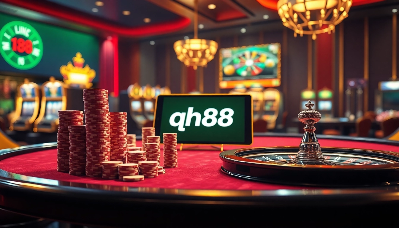 Experience an exciting qh88 online casino atmosphere with vibrant slot machines and poker chips.