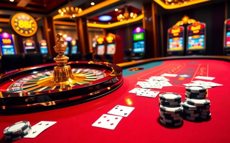 Play 88i game strategy on luxurious casino tables filled with vibrant chips and cards.