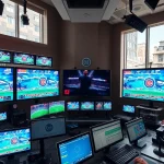 Dynamic scene of sports broadcasting studio featuring live events on display.