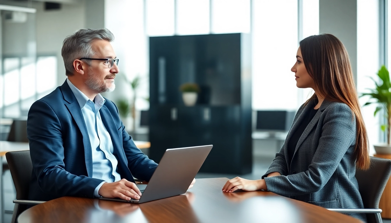 Headhunter IT interviewing a candidate in a modern office setting, showcasing professionalism and collaboration.