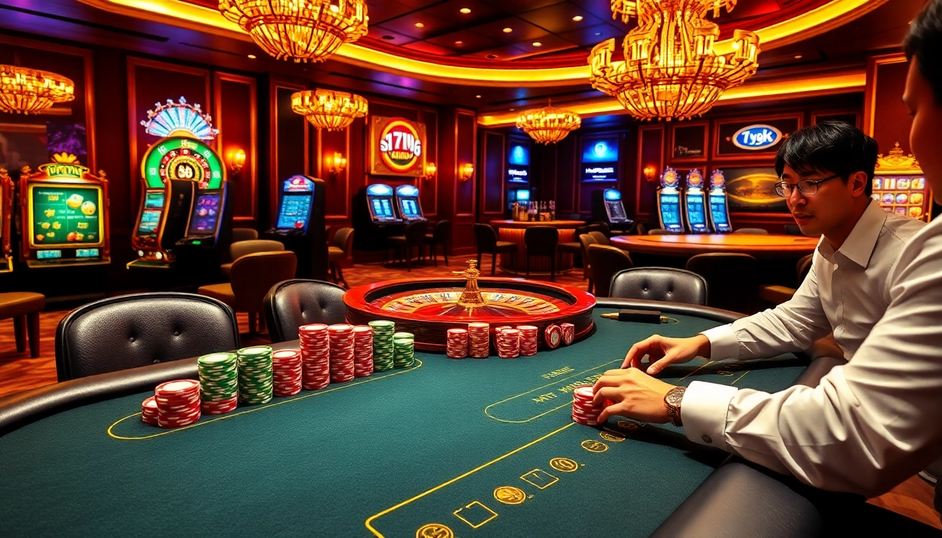 Players enjoying poker at a luxurious casino while engaging with 79KING betting experiences.