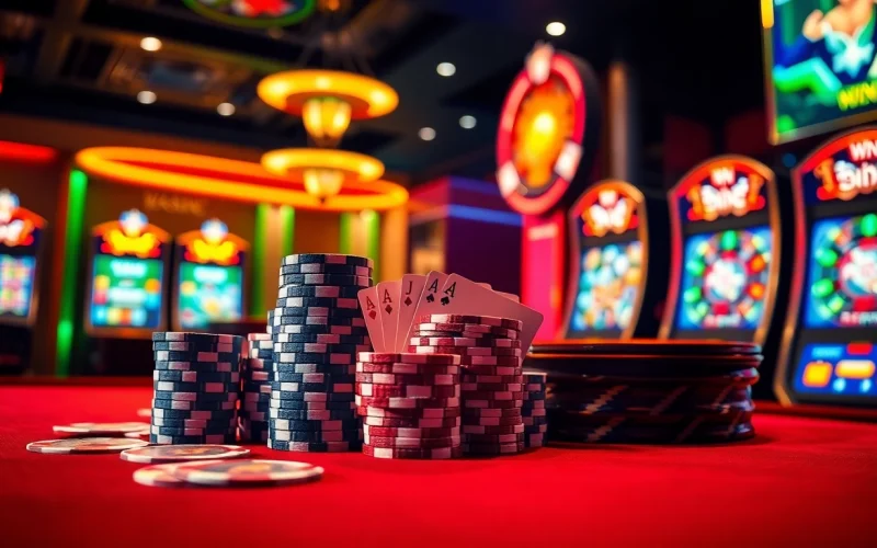 A vibrant poker table scene capturing the essence of 789 win casino excitement with cards and chips.