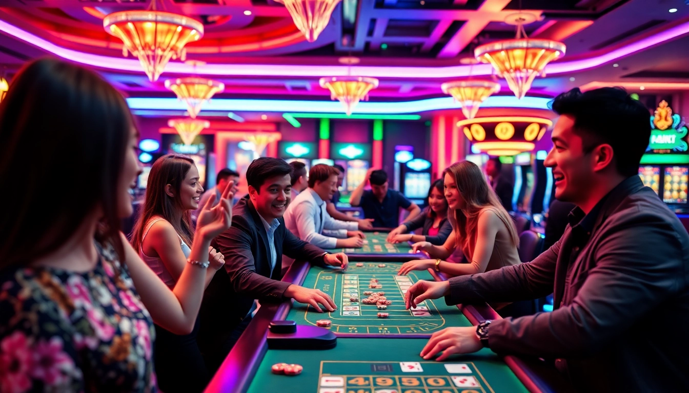 A legjobb online kaszinó élményt bemutató élénk jelenet játékosokkal és izgalmas játéklehetőségekkel.