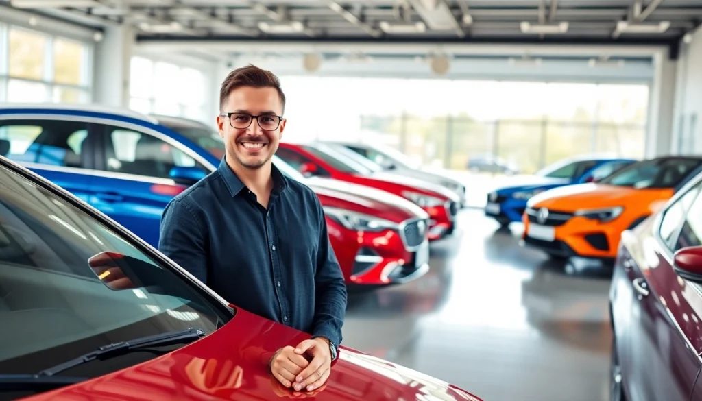 Auto kaufen im modernen Autohaus mit freundlichem Verkäufer und vielfältigen Fahrzeugen.