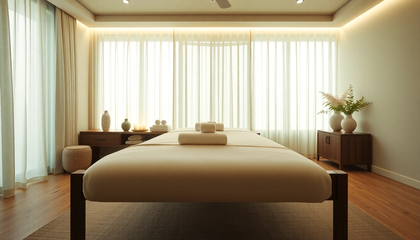 오산출장마사지의 편안한 분위기를 보여주는 차분한 색상과 요소가 있는 고요한 마사지룸