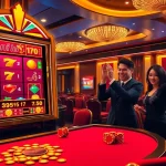 Experience the excitement of nổ hũ with colorful slot machines and enthusiastic gamblers in a luxurious casino setting.