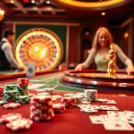 C168 players enjoying high-stakes gambling thrill at a luxurious casino table with vibrant chips and cards.