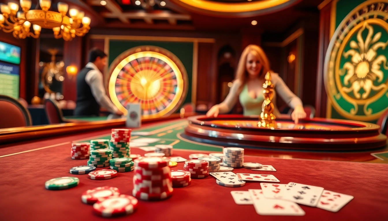 C168 players enjoying high-stakes gambling thrill at a luxurious casino table with vibrant chips and cards.