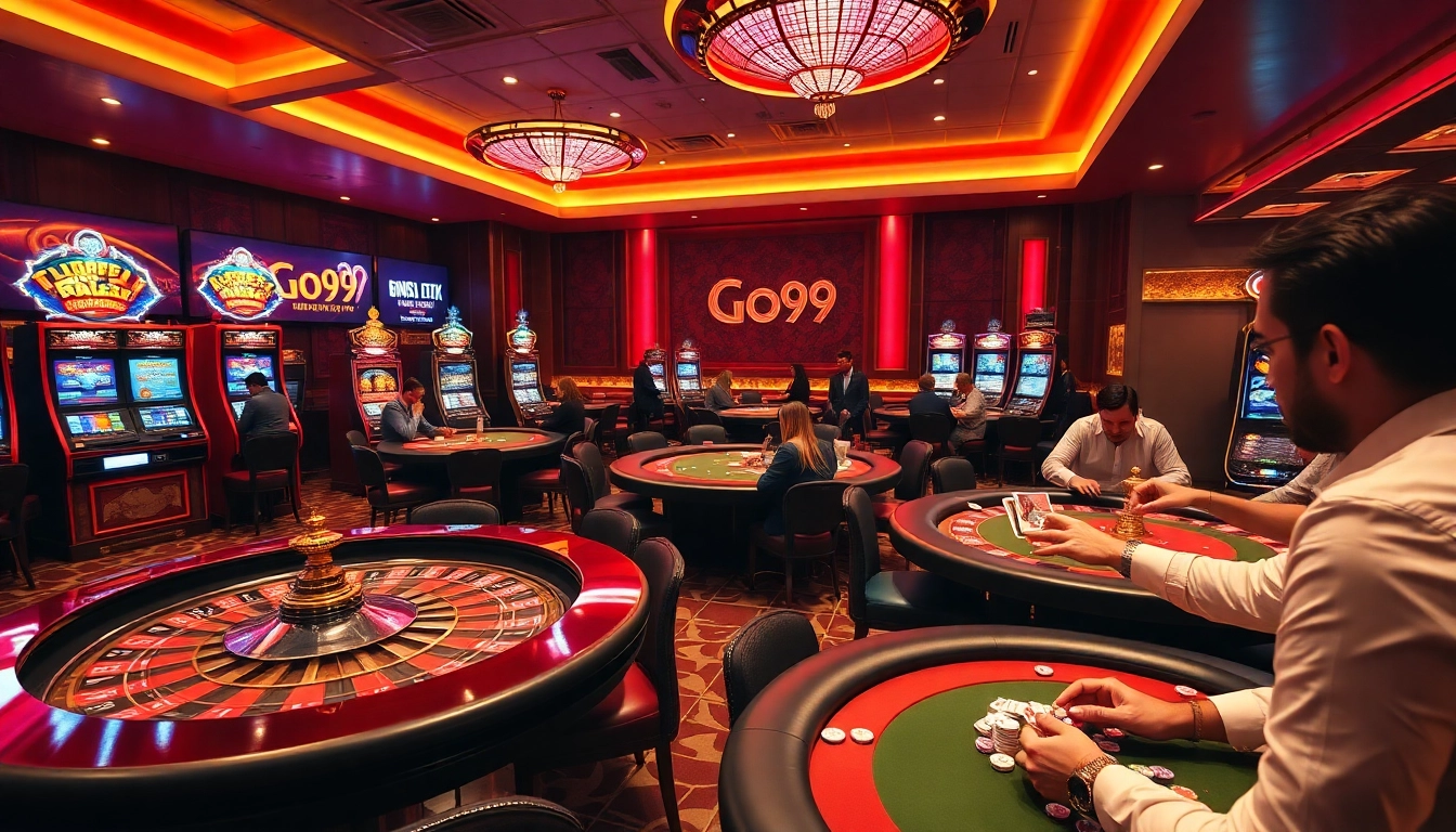 Players enjoying thrilling games at Go99 casino, featuring vibrant tables and slot machines.