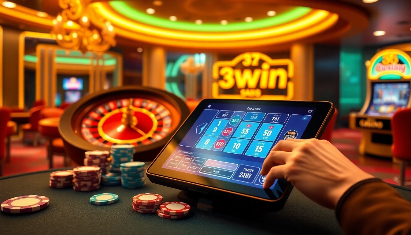 Players enjoying a thrilling online gambling experience at 33win, featuring a roulette wheel and vibrant gaming elements.
