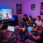 Interactive scene of friends playing game sex online in a vibrant gaming room.