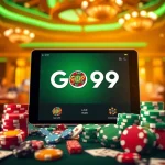 Experience the GO99 app amidst a vibrant casino atmosphere filled with poker chips and cards.