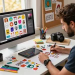 Creative designer crafting custom stickers for sticker erstellen in a vibrant workspace.