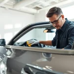 Fahrzeugaufbereitung durch einen professionellen Techniker, der ein hochwertiges Auto reinigt.