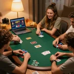 A group of friends enjoy an exciting night of online poker, featuring aud77 casino interface on laptop.