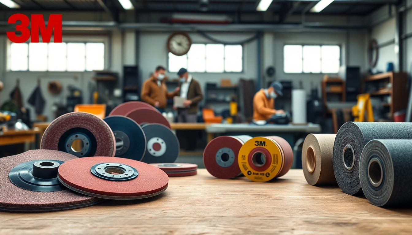 3M Schleifmittel werden prominent in einer professionellen Werkstattumgebung dargestellt.