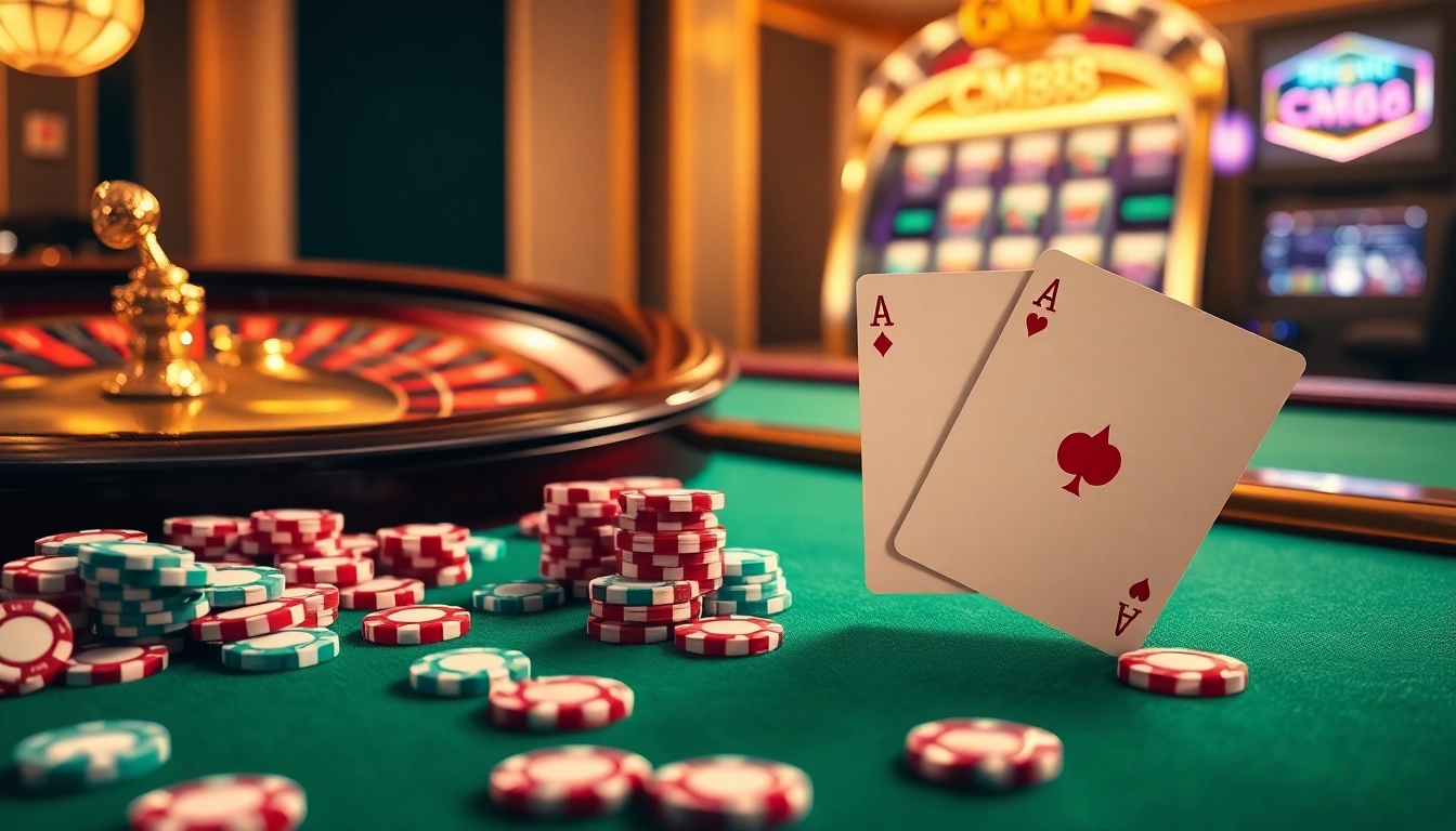 Experience winning moments with CM88 in a glamorous casino setting featuring roulette and poker action.