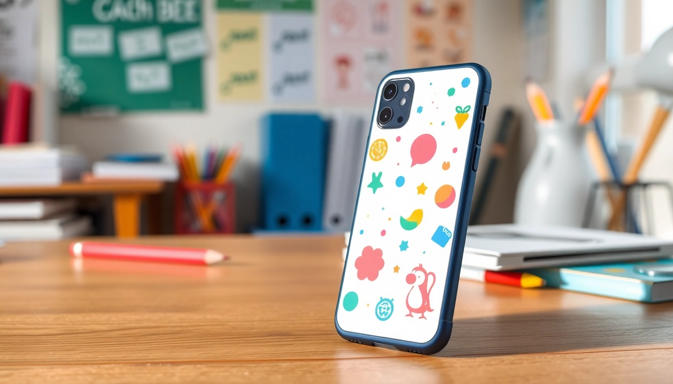 Handytasche Klassenzimmer mit buntem Design auf einem Tisch in einer Schulumgebung.