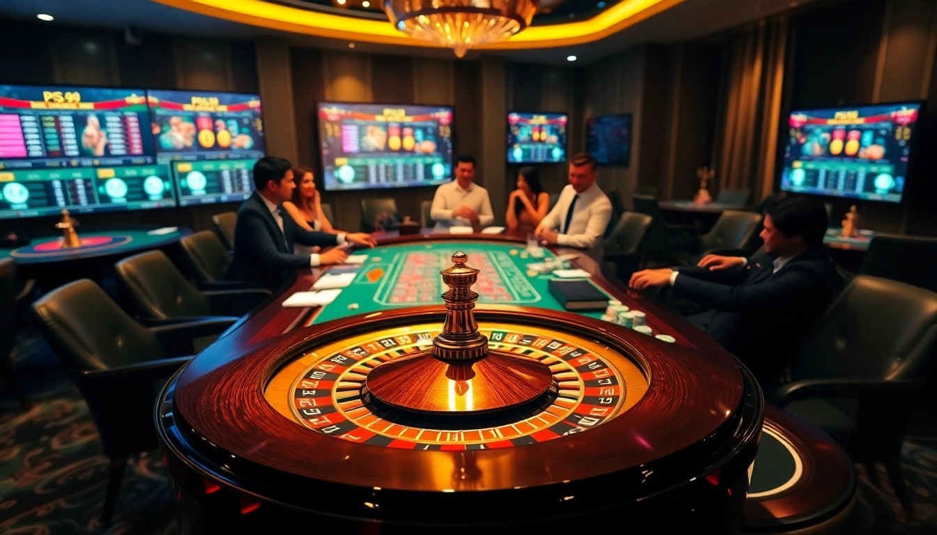 Players enjoying a luxurious gaming experience at PS 99 casino table with roulette and cards.