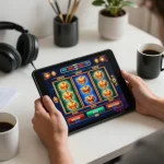 Engage in situs slot gacor gameplay with colorful vibrant game visuals on a tablet.