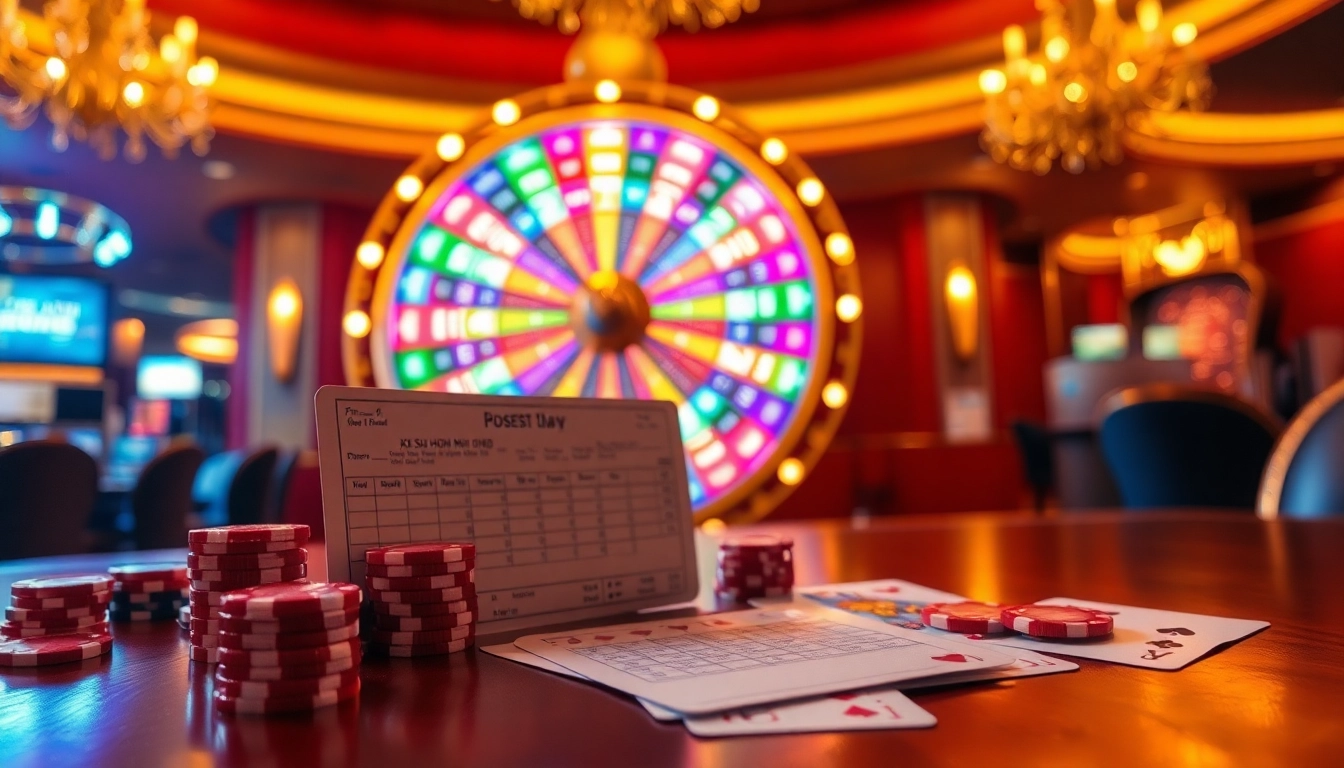 Xổ số hôm nay lottery excitement captured at a bustling casino with vibrant colors and thrilling atmosphere.