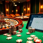 Nohu90 casino scene featuring a luxurious roulette wheel and vibrant poker chips in an online gambling environment.