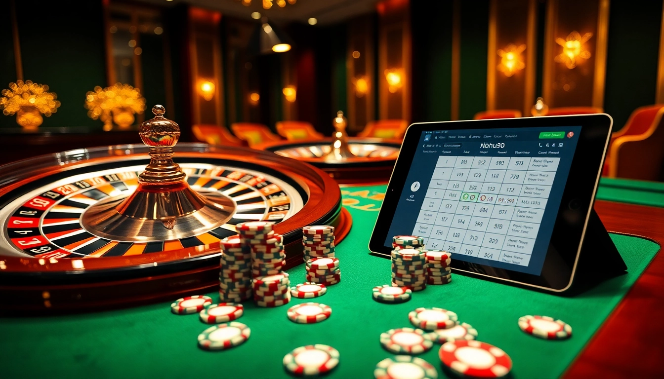 Nohu90 casino scene featuring a luxurious roulette wheel and vibrant poker chips in an online gambling environment.