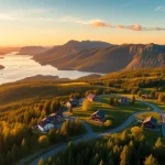 Skandinavien-Reisetipps, die die atemberaubende Landschaft der norwegischen Fjorde bei Sonnenuntergang zeigen.