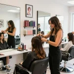 Cabeleireiro perto de mim em um salão moderno com um estilista fazendo um corte de cabelo.