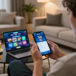 Player using the nhà cái bet88 app on smartphone in a cozy home setting, engaging in online betting.