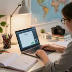 Student verwendet die Hausaufgaben Scanner-App in einer gemütlichen Studierumgebung mit Büchern und Notizheften.
