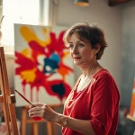 Painting of an artist creating a vibrant artwork in a sunlit studio filled with colorful canvases.