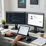 Developer using clawdbot ai on multiple monitors in a modern workspace filled with productivity tools and tech.