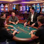RR88 players intensely strategizing at a blackjack table in an upscale casino setting