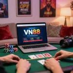 Player enjoying VN88 live casino on laptop, surrounded by poker chips and a smartphone.