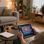 Engaging with the me99 casino app on a tablet while relaxing at home, showcasing strategic gameplay.