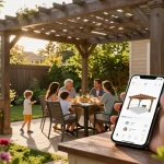 Erleben Sie ein realistisches 3D-Design einer Pergola in einer lebhaften Außenumgebung, während die Familie ihren Garten genießt.