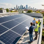Ingenieure überprüfen Solarpanels in Wien und demonstrieren die Vorteile von Solar Wien.