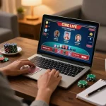 Experience fun79 online gaming with a cozy setup, featuring live casino action on screen.