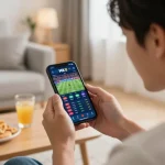 Engaged player using MK8 app for sports betting during an exciting game night, showcasing live odds and mobile interface