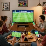 Friends enjoying a football match while discussing tỷ lệ kèo bóng đá, engaged in a lively betting experience.