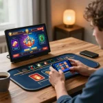Engaging in mobile gaming at home with sunwin casino app in hand, showcasing gameplay on smartphone.