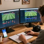 Engaged user analyzing kèo nhà cái fb88 on dual monitors in a cozy study.