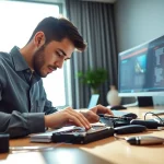 Datenrettung externe festplatte durch einen Techniker in einem modernen Büro.