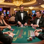 Players enjoying a strategic game of blackjack at a vibrant F168 casino table in Las Vegas.