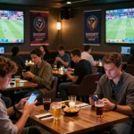Engaged bettors using their devices to place sports wagers at a vibrant bsport lounge