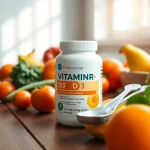 Vitamin D3 Supplement presented with fresh fruits and vegetables enhancing healthy lifestyle.